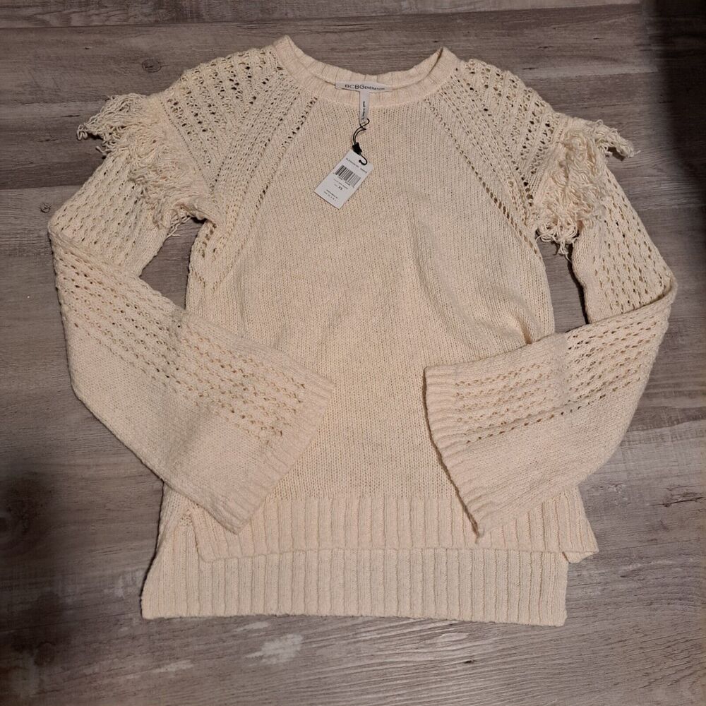 BCBGeneration Women's Fringe Flare Slit Sleeve Sweater Top Off White XS